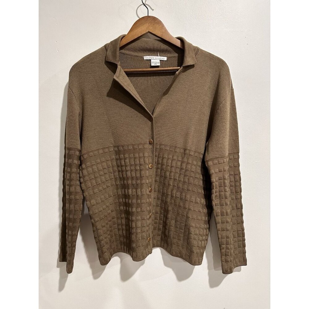 PETER NYGARD‎ Wool & Silk Blend Brown Textured Collared Cardigan Size M